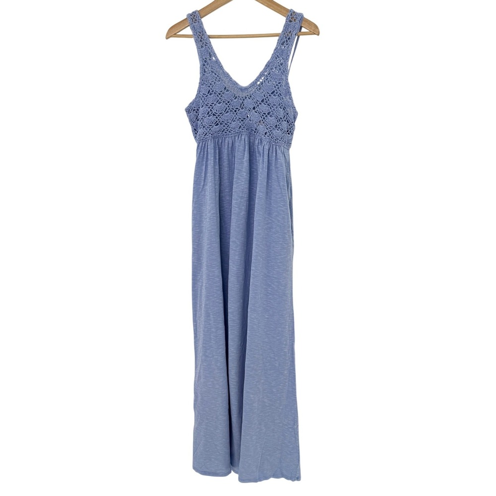 NWT Aerie Womens Blue Crochet Bodice Maxi Dress Cotton Sleeveless Pockets Small‎